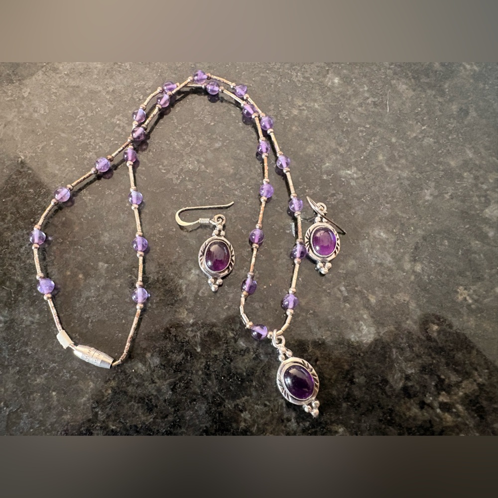 Sterling Silver Amethyst Drop Earrings and Necklace set